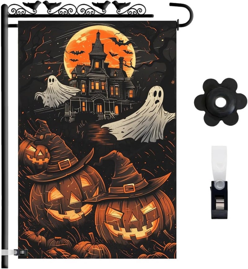 KarvePro Halloween Garden Flag 12x18 Double Sided – Haunted House with Ghosts & Pumpkin, Halloween Yard Flag for Outside, Durable Fall Outdoor Flag, Weatherproof - Image 1